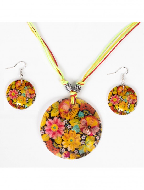 Fashion Flower Print Shell Necklace and Earrings Set